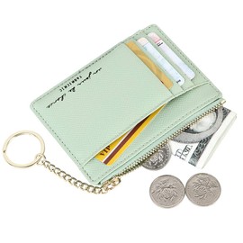 Women's 8 Cards Slim Minimalist Card Holder Coin Changes Purse Keychain Front Pocket Wallet, Green