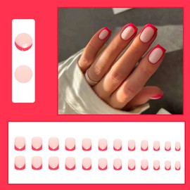 Press on Nail Short Square, 24Pcs Nude Red French Tips False Nails, Acrylic Full Cover Nails with Design, Artificial Stick on Nails for Women and Girls Nail Art Manicure Decoration
