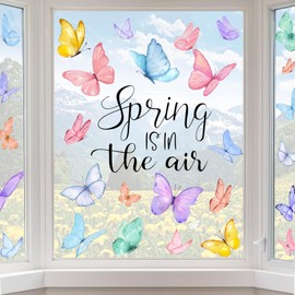 JOICEE 6 Sheets Spring Window Clings,Watercolor Butterfly Spring is in The Air Window Decal Stickers Removable Anti-Collision Spring Window Cling for Window Glass Decoration