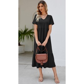 Women's 2025 Summer Short Sleeve V Neck Swing Dress Flowy Tiered Maxi Beach Sundress with Pockets Black