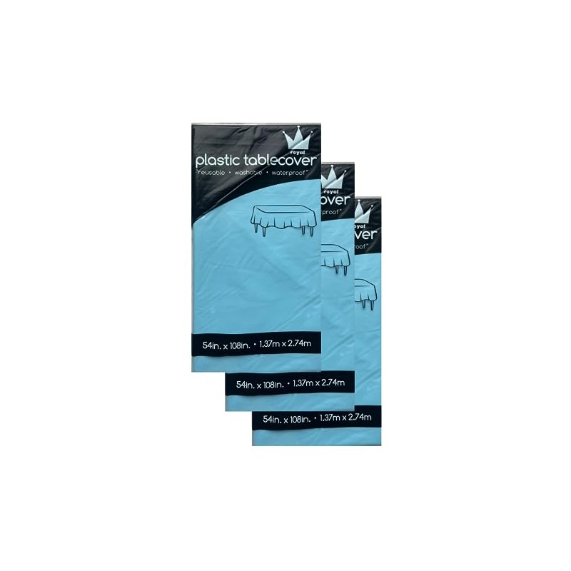 ROYAL7 3 Pack Light Blue, Rectangle Disposable Plastic Tablecloth for