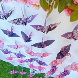 YMASELA Japanese Sakura Paper Crane Hanging Garlands (4.3ft X 4strings) Mixed Patterns Folded Handmade Origami Birds Streamers for Wedding Bridal Shower Baby Shower, Birthday Decoration Party Supplies