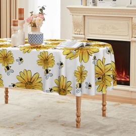 Horaldaily Summer Tablecloth 60×84 Inch Oval, Yellow Sunflower Bumble Bee White Fall Washable Table Cover for Party Picnic Dinner Decor
