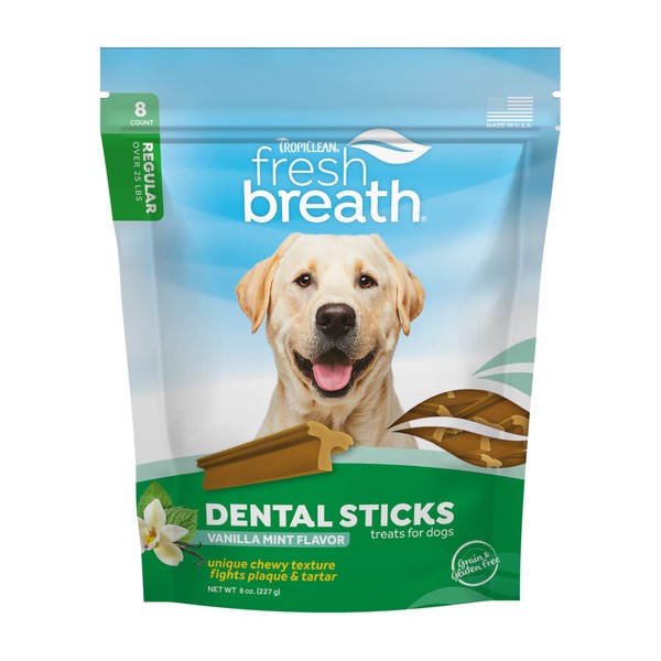 Fresh Breath by TropiClean Dental Sticks for Large Dogs (25+ Pounds) | Made in USA | Removes Plaque & Tartar | 8 oz