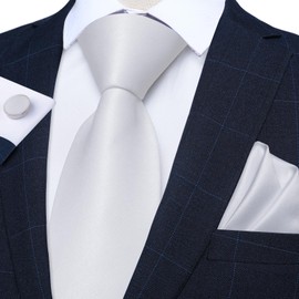 DiBanGu Men's White Solid Tie Pocket Square Cufflinks Satin Necktie Set Wedding Party