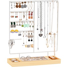 ProCase Jewelry Organizer Stand Earring Holder Organizer, 6 Tiers Earring Organizer Tree Necklace Rack Jewellery Tower Bracelets Holder Storage with Removable Wooden Ring Tray for Women Girls -White