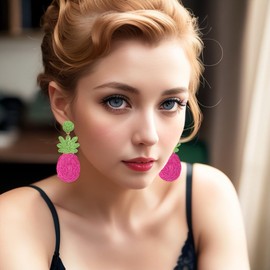 Chanaiqw Rattan Funny Pineapple Fruit Dangle Earrings for Women Cute Pineapple Statement Love Trendy Earrings Jewelry (Hot Pink)