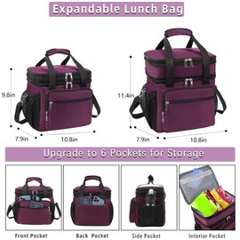 HSHRISH Expandable Lunch Box for Women, Double Deck Large Insulated Lunch Bag Women Leakproof Durable Lunch Cooler Tote Bag, Lightweight Cute Lunchbox for Work Outdoor Travel, Purple