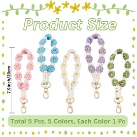 CREATCABIN 5Pcs 5 Styles Macrame Wristlet Keychain Flower Wrist Keychains Bulk Cotton Boho Weave Handmade Rope Lanyard Bracelet Keyring Holder for Keys Phone Backpack Bags Purse Women Supplies