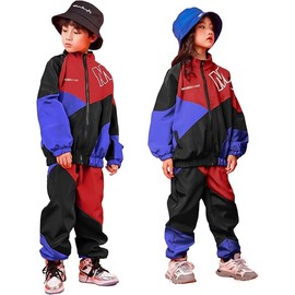 LOLANTA Boys Color Block Jacket Pants Set, Stylish Street Hip Hop Dance Costume, Street Dance Outfit,10-11 Years,Red,150