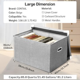 CONTAIL 23" 86 Quart Collapsible Storage Bins with Foldable Lids,Stackable Linen Fabric Closet Boxes with Handle,22.83”X15.74”X13.77”,Grey