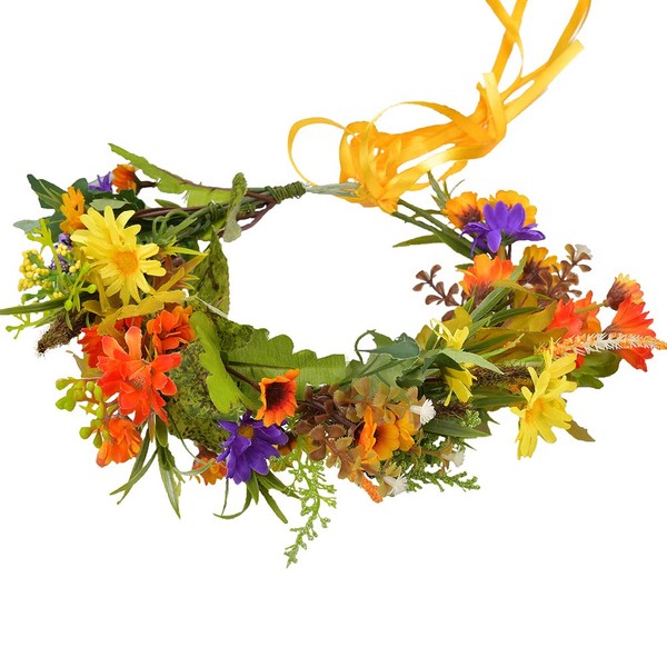 Vivivalue - Guirnalda de flores con corona floral para el pelo, diadema floral, estilo bohemio, con cinta, boda, fiesta, festival, fotos, color naranja