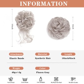 MSCHARM 2PCS Gray Messy Bun Hair Pieces for Women Bun Updo Hair Pieces Wavy Curly Synthetic Hairpieces for Women Updos Hair Buns Scrunchies Ponytail Extension #4503 Flaxen Gray