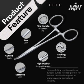 MJW Fishing Hemostat Locking Forceps 5" Stainless Steel Unhooking Pliers Dog Cat Pet Scissors Ear Hair Forcep Curved