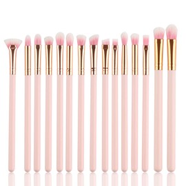 Juego de 15 brochas de maquillaje para sombra de ojos, incluye sombra de ojos, corrector, mezcla, mini cepillo de abanico con mango de madera (rosa)  