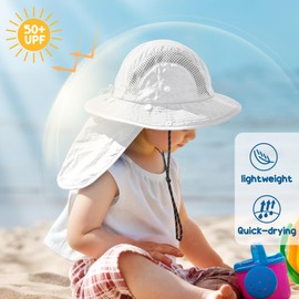 Sukeen Kids Sun Hats UPF50+ Sun Protection Hat for Girls Boys with Neck Flap Beach Hats with Wide Brim for Beach Swim White