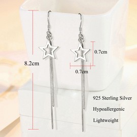 Loutade Silver Drop Earrings for Women, 925 Sterling Silver Dangle Drop Earrings, Hypoallergenic Long Dangly Silver Star Earrings for Girls, Hook Hanging Tassel Silver Dangling Earrings for Birthday