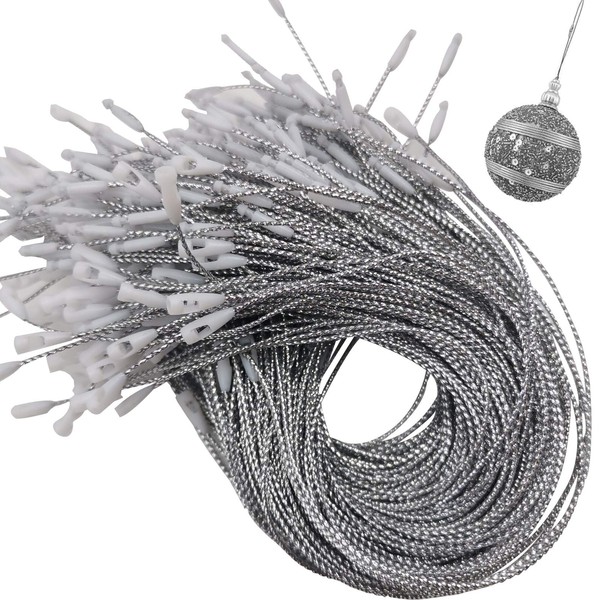 200Pack Silver Christmas Ornament Hanger Snap Locking String, Precut Hanging Ropes Fasteners Polyester Ropes for Christmas Tree Ornament Decorations