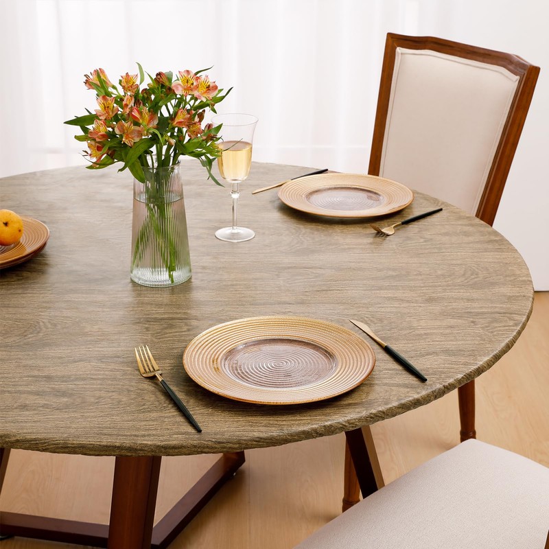 Romanstile Round Vinyl Tablecloth, 100% Waterproof Heavy Duty Elastic Fitted