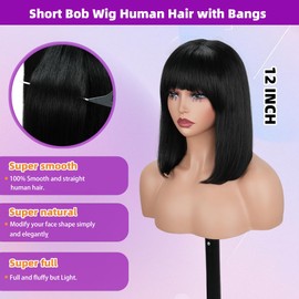 magichouse Bob Human Hair Wigs with Bangs 180% Density None Lace Front Wigs Brazilian Glueless Wear and Go Short Straight Human Hair Bob Wig with Bangs for Black Women Natural Black 12Inch