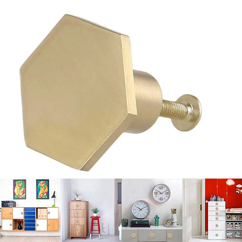 XNJIHWA 2Pcs Solid Brass Hexagon Knobs Hexagonal Gold Drawer Knobs