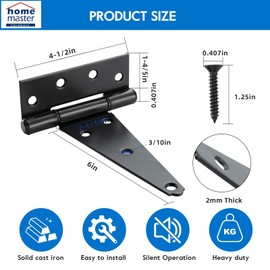 HOME MASTER HARDWARE 6 Inch Heavy Duty T Hinge,Tee Hinge,T-Strap Gate Hinges for Wooden Fences,Yard Door,Barn Door Gates, Outdoor Rustproof Black Finish with Screws 4 Pack