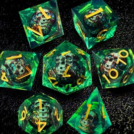 HAOMEJA Skull D&D Monster Resin Dice Set DND Skeleton 7 PCS Sharp Edges Dice with Gift Dragon Eye Bag Apply to Dungeons and Dragons Role Playing Game Gift (Skull A & Green)