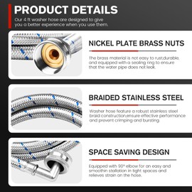 Upgraded 4Ft Stainless Steel Washer Hose with 90 Degree Elbow by Puxyblue for All Washers - 2 Pack Burst Proof Red and Blue Braided Hoses for Hot and Cold Water Supply - 10 Years Warranty