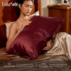 Lakeside Silk 100% Pure Mulberry Silk Pillowcase - 22 Momme 6A Grade - Nighttime Skincare & Hair Care Hydrating Pillow Cover - Sponge Wash Bag Included - Best Gift (Tango Red, Standard (20"x26"))