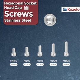 Kozelo 50pcs M6 Socket Head Cap Screws Bolts Nuts Assortment Kit - [M6x10/12/16/20/25mm] 304 Stainless Steel Allen Socket Drive for 3D Printer