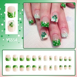 24 Pcs Green French Press on Nails Short Square St. Patrick's Day Fake Nails with Four-Leaf Clover Glitter Designs Nude False Nails White Stick on Nails Full Cover St. Patrick Press on Nails for Women