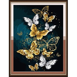 KAMIERFA Cross Stitch Embroidery Kits Pre-Printed 11CT DIY Embroidery Picture Set Beginners Cross Sewing Handmade Cross Stitch Kit 35 x 50 cm Golden Butterflies