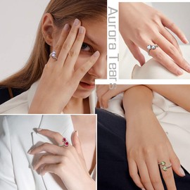 Aurora Tears Birthstone Adjustable Rings 925 Sterling Silver Birthstone Open Ring Birthstone Jewellery Gifts for Women and Men DR0190, Sterling Silver