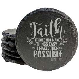 Faith and Hope: Laser Etched Scripture Coasters: "Luke 1:37" - Uplifting Faith Quote for Home - Round Slate - set of 6