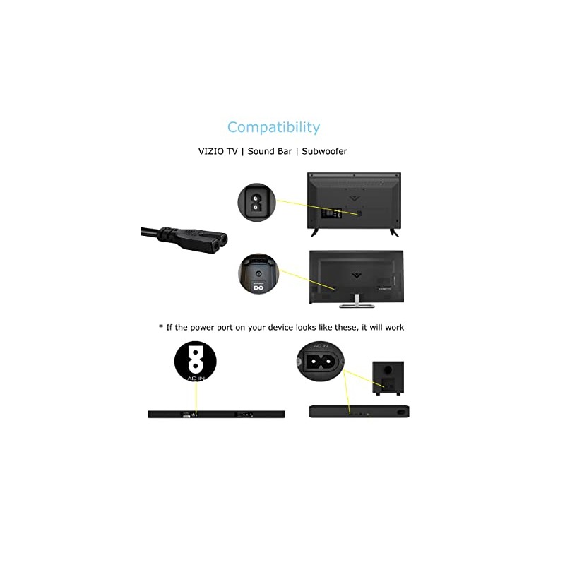 2 Prong AC Power Cord Compatible wtih Vizio D/E/M Series