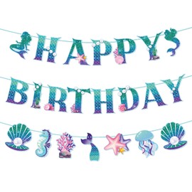 QAMEGX Mermaid Birthday Banner- Under the Sea Decorations with Shell, Coral, Mermaid Tail, Jellyfish, Sea Themed Party Decorations for Girls Baby Shower Home Decor Little Mermaid Theme Party