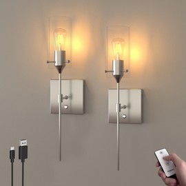 ThyFenno Battery Operated Wall Sconce with Remote Control Set of 2, Dimmable Wall Light Fixture Rechargeable, Nickel Wireless Wall Mount Lamp for Living Room Bedside Hallway Lounge, Bulb Included