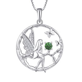 FJ Guardian Angel Necklace Pendant, 925 Sterling Silver, Angel Chain, Women's Fairy Butterfly Tree of Life Necklace with Birthstone, Cubic Zirconia Jewellery Gifts for Women and Girls, Emerald