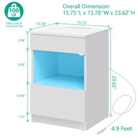HOMMPA Open Shelf LED Nightstand with Charging Station 2 Drawers Bedside Table White Night Stand with Storage Smart Nightstands High Gloss Night Table with Led Light for Bedroom Furniture