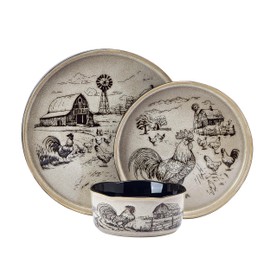 Pfaltzgraff Farmyard Rooster 12 Piece Farmhouse Style Dinnerware Set, Service for 4, Plate Bowl with High Rims, Rustic Design, Brown Black