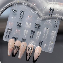 5D Embossed Bow Nail Stickers Black Pink White Bow Nail Art Stickers Self-Adhesive Bow Nail Decals Ribbon Nail Stickers with Rhinestone Design Spring Summer Nail Supplies for Women Girls DIY Manicure