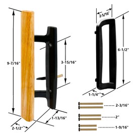 TPard Sliding Glass Patio Door Handle Replacement Set with Oak Wood Inside Handles and Zinc Diecast Outside Pull, 3-15/16" Hole Spacing, Non-Handed, Black