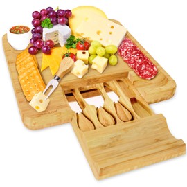 NutriChef Natural Bamboo Cheese Board Set with Bonus Condiment Cup-Extra Large Size 100% Home Organic Wooden Plate and Charcuterie Tray with 4 pcs Cutting Knife Slicer