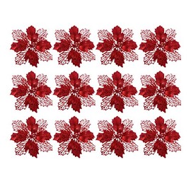 TOYANDONA 12pcs Glitter Poinsettia Christmas Artificial Flowers Christmas Tree Floral Ornaments Decorations Xmas Tree Pendant Christmas Wreath Filler (Red)