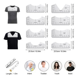 KBNIAN Pack of 8 T-Shirt Centring Tool PVC T-Shirt Ruler Guide Crew Neck T-Shirt Ruler T-Shirt Alignment Ruler for Sewing Design T-Shirts and Crafts with Tape Measure