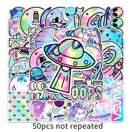 Outer Space Stickers 50PCS Cartoon UFO Decals,Happy Birthday Party Supplies,Vinyl Waterproof Stickers for Water Bottles, Laptop Scrapbook, Skateboard, Funny Alien Decals, Party Supplies