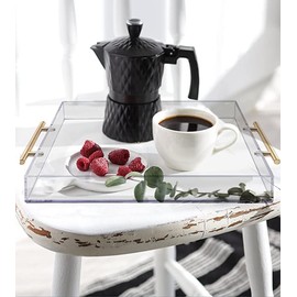 12"x12" Clear Acrylic Serving Tray with Golden Handles, Sturdy Huge Capacity Acrylic Tray for Coffee, Juice, Kitchen and Desk Organizer, Storage Tray (12"x12")