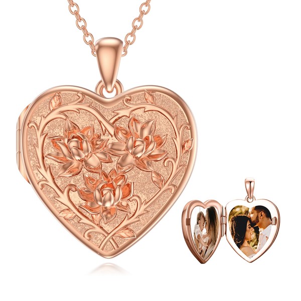 Dorunmo Locket Necklace 14k Rose Gold Plated Silver Lotus Heart