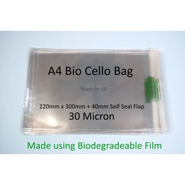 celloexpress celloexpress Biodegradeable A4 Cello - 220mm x 300mm + 40mm Flap PLA Artists Display Bags 30 Micron Self Seal - Large Cello - Pack of 50