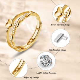 YOKIKA 14K Gold Plated Rings for Women Girls Adjustable Stacking Heart Thumb Gold Ring with Cubic Zirconia Eternity Wedding Promise engagement rings for lady Birthday Christmas
